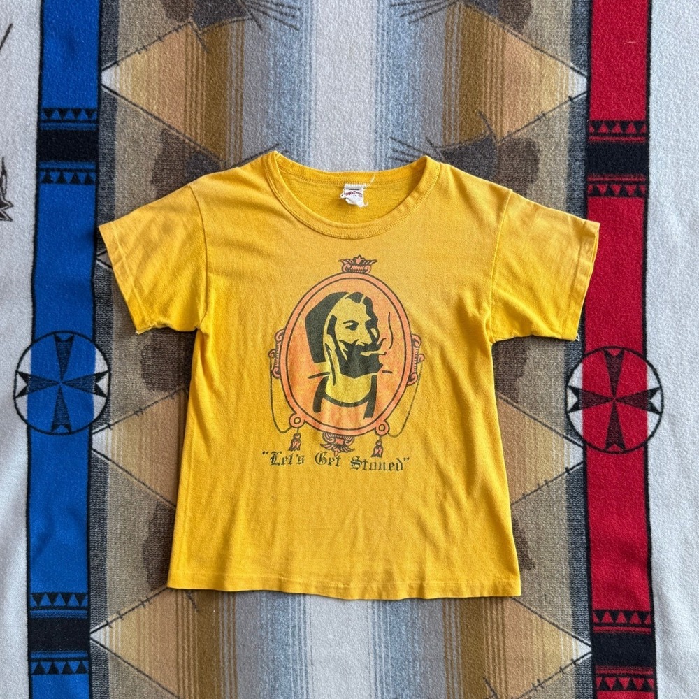 Vintage Coach Sportswear Lets Get Stoned Graphic T-Shirt Yellow Single Stitch S